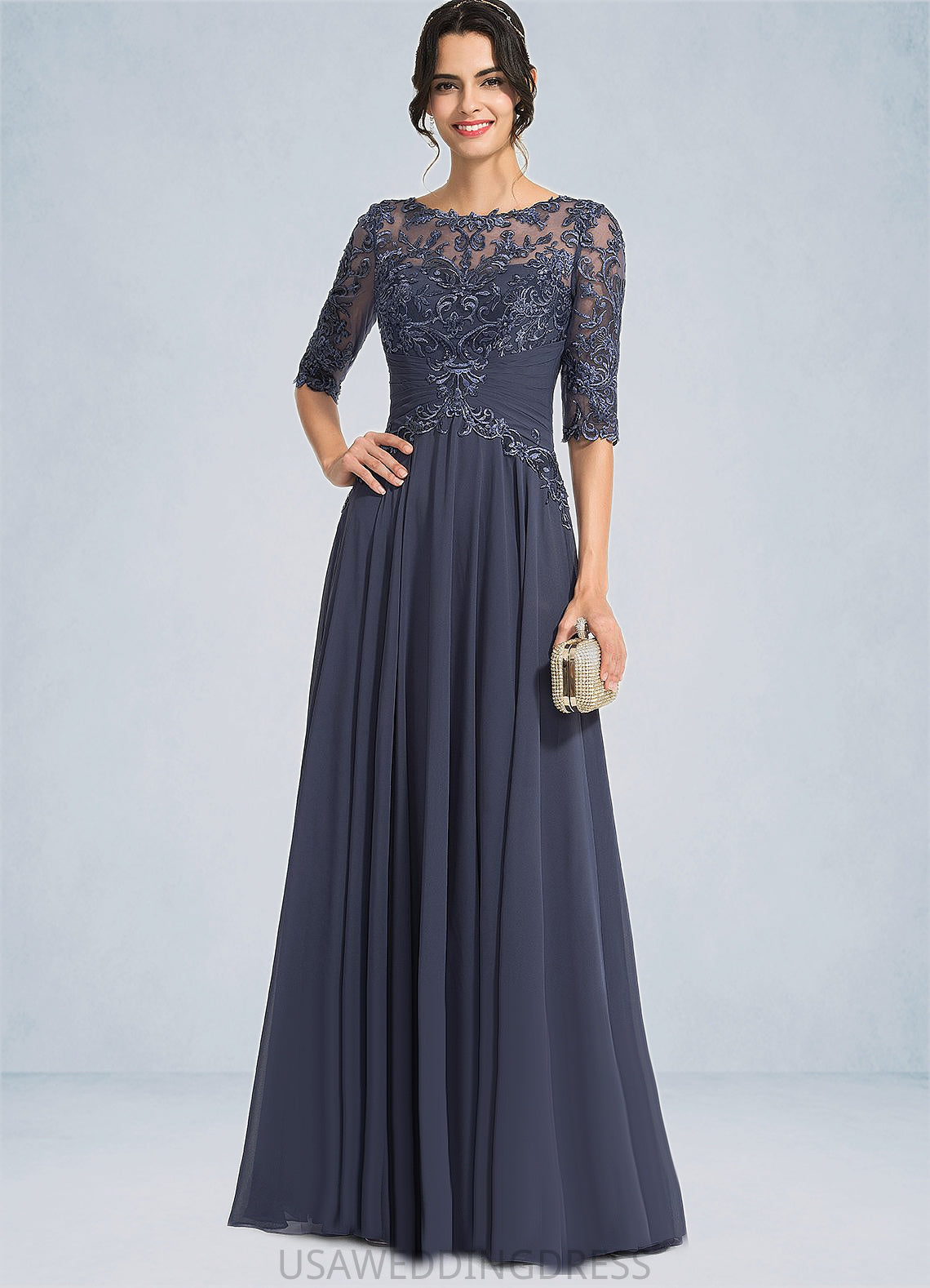 Desiree A-line Scoop Illusion Floor-Length Chiffon Lace Mother of the Bride Dress With Pleated Sequins DS126P0021639