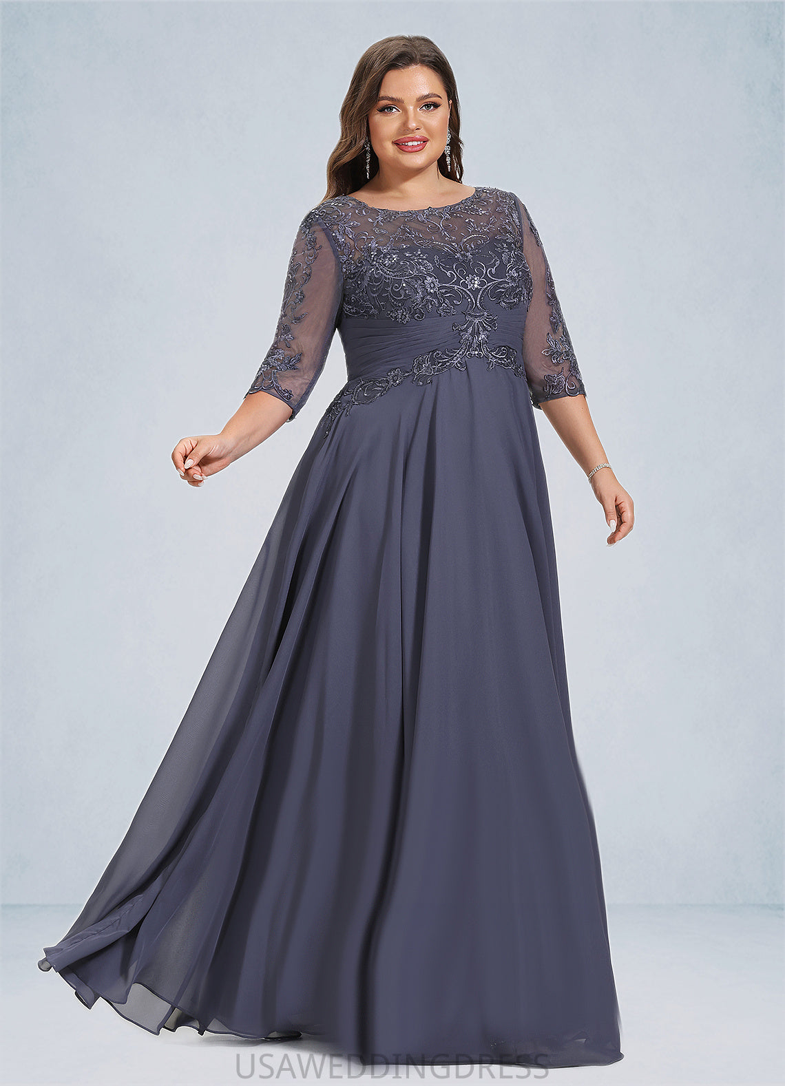 Desiree A-line Scoop Illusion Floor-Length Chiffon Lace Mother of the Bride Dress With Pleated Sequins DS126P0021639