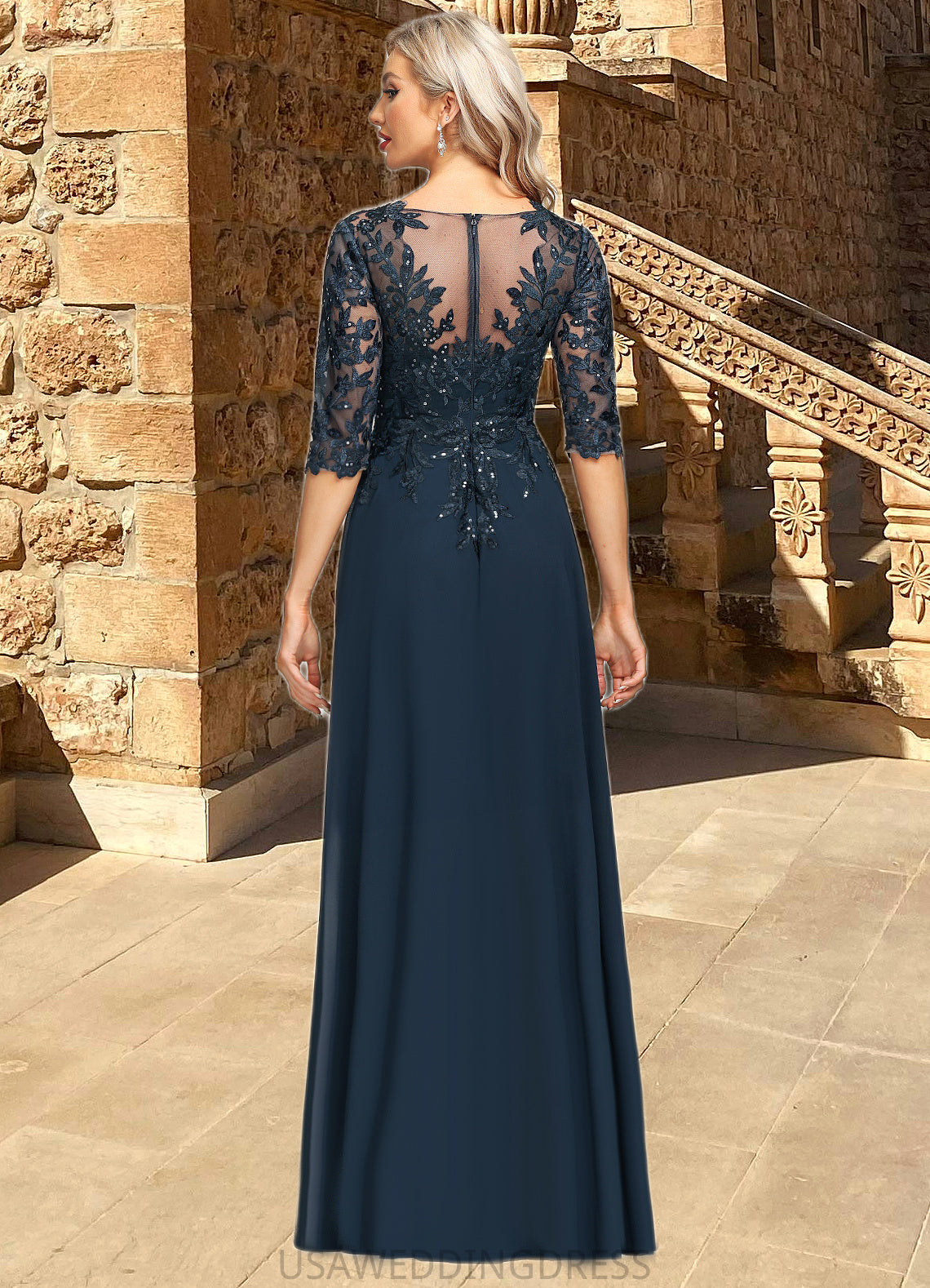 Mara Sheath/Column V-Neck Floor-Length Chiffon Lace Mother of the Bride Dress With Sequins DS126P0021643