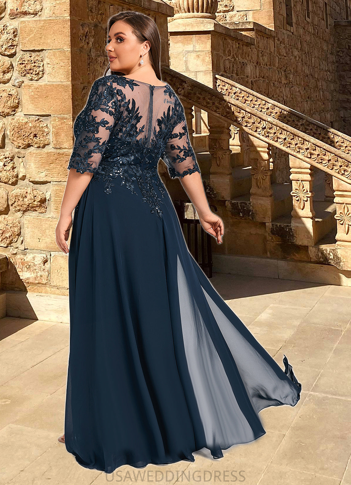 Mara Sheath/Column V-Neck Floor-Length Chiffon Lace Mother of the Bride Dress With Sequins DS126P0021643