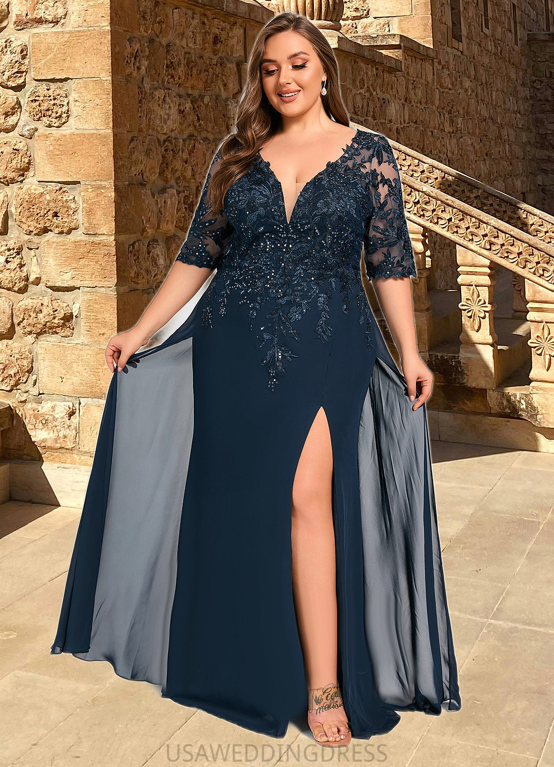 Mara Sheath/Column V-Neck Floor-Length Chiffon Lace Mother of the Bride Dress With Sequins DS126P0021643