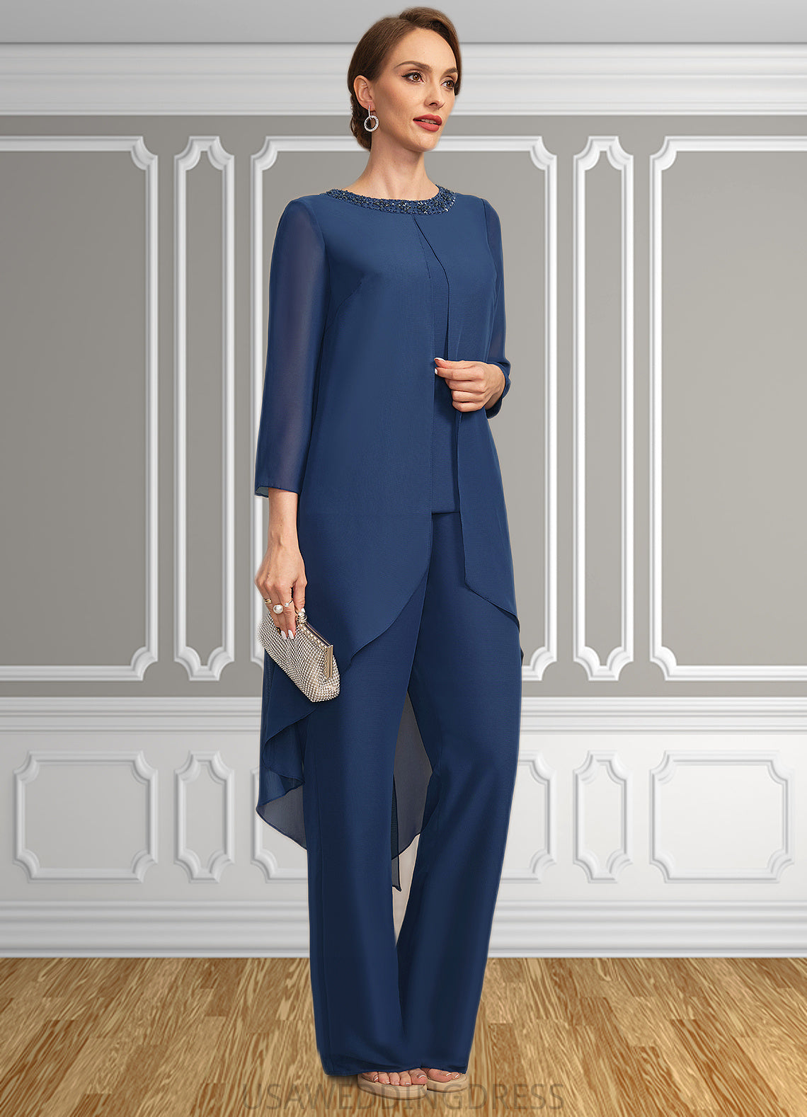 Ryann Jumpsuit/Pantsuit Separates Scoop Floor-Length Chiffon Mother of the Bride Dress With Beading Sequins DS126P0021647