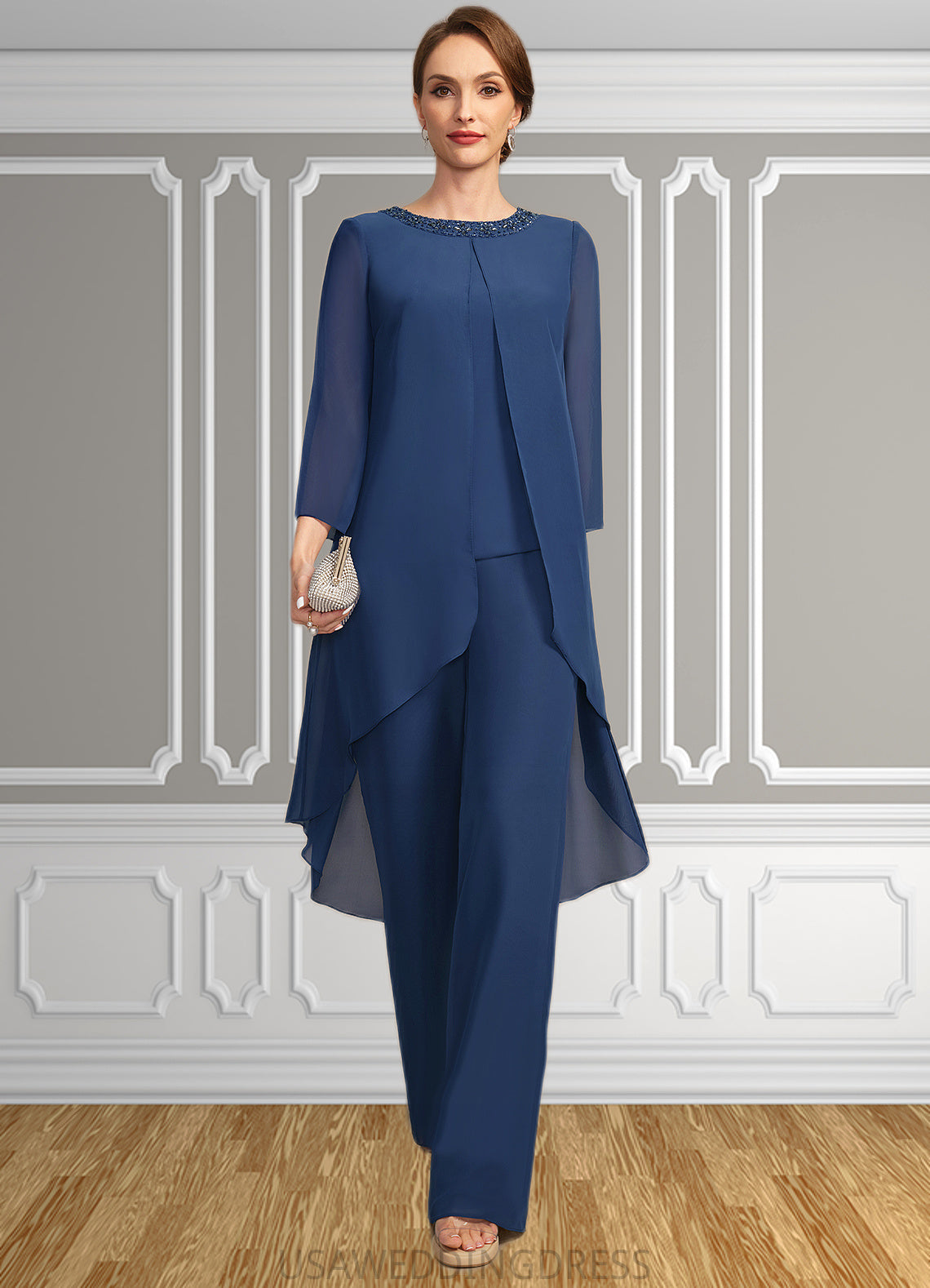 Ryann Jumpsuit/Pantsuit Separates Scoop Floor-Length Chiffon Mother of the Bride Dress With Beading Sequins DS126P0021647