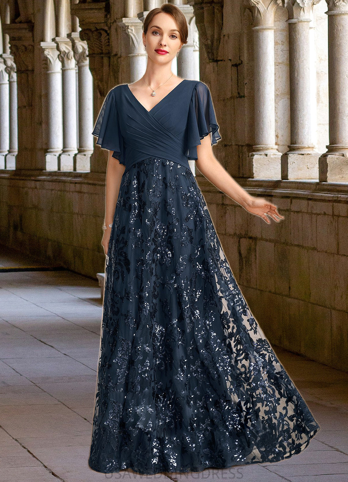 Cassie A-line V-Neck Floor-Length Chiffon Lace Sequin Mother of the Bride Dress With Pleated DS126P0021648