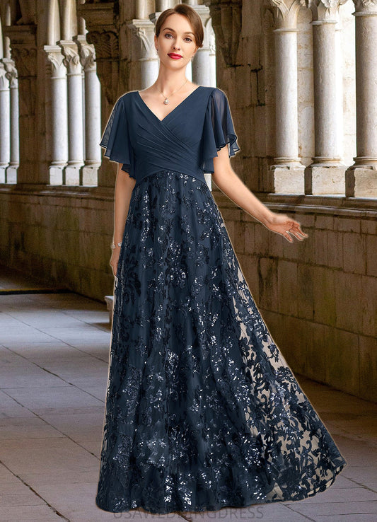 Cassie A-line V-Neck Floor-Length Chiffon Lace Sequin Mother of the Bride Dress With Pleated DS126P0021648