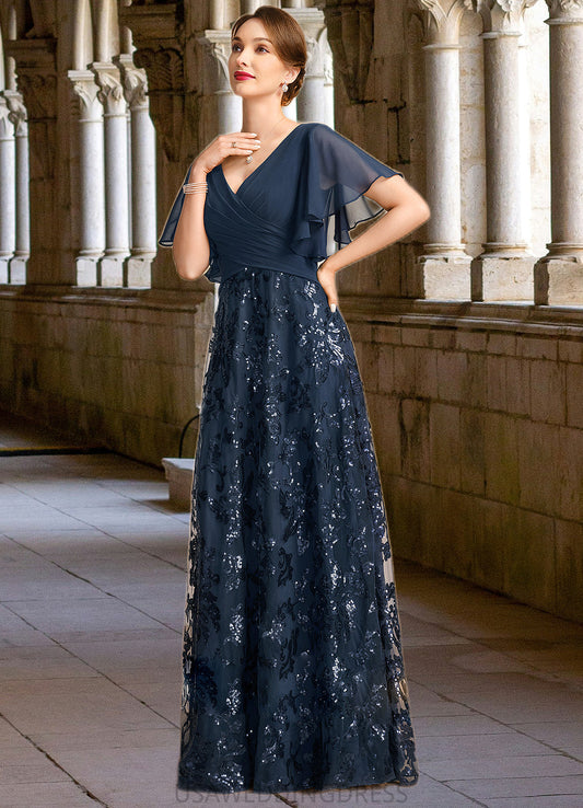 Cassie A-line V-Neck Floor-Length Chiffon Lace Sequin Mother of the Bride Dress With Pleated DS126P0021648