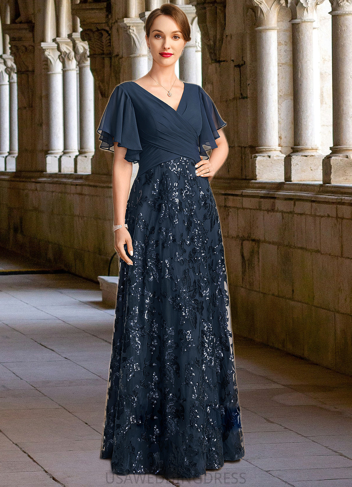 Cassie A-line V-Neck Floor-Length Chiffon Lace Sequin Mother of the Bride Dress With Pleated DS126P0021648