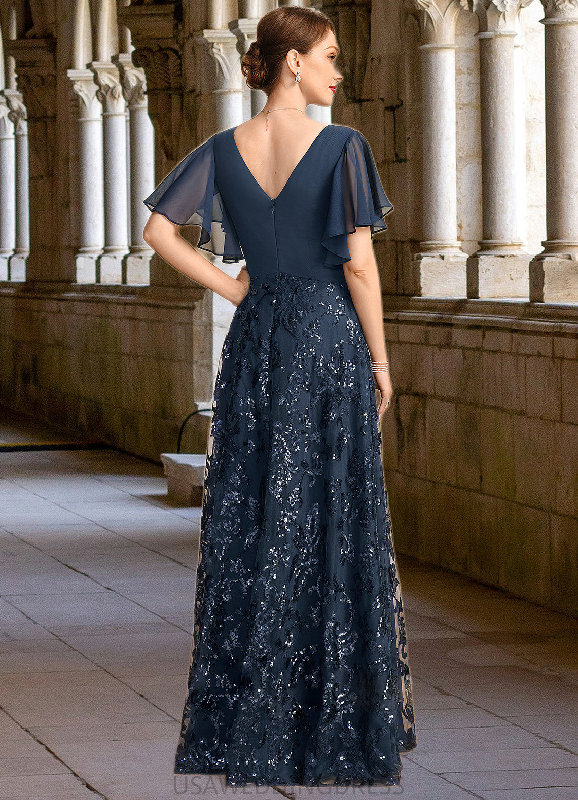 Cassie A-line V-Neck Floor-Length Chiffon Lace Sequin Mother of the Bride Dress With Pleated DS126P0021648
