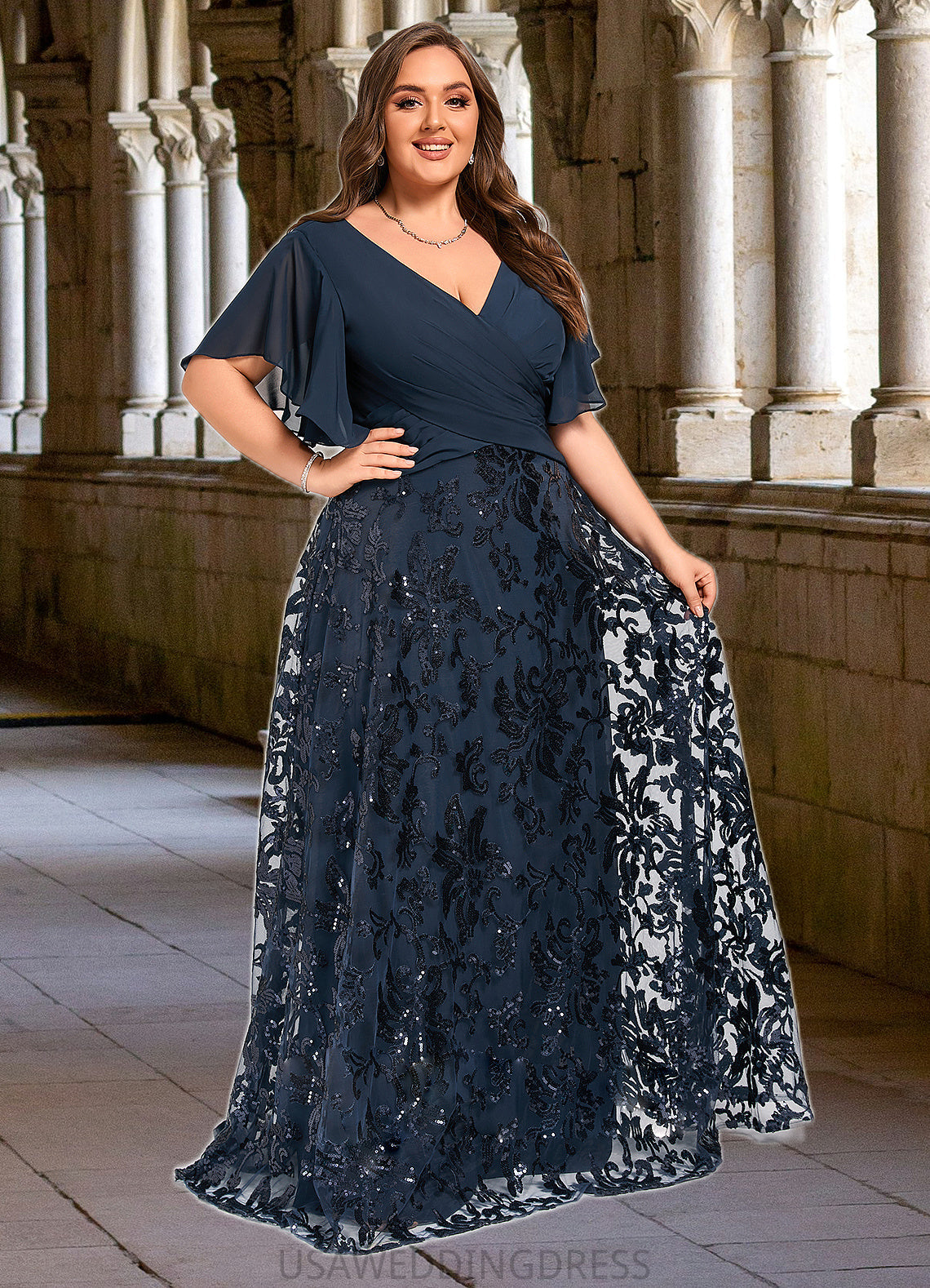 Cassie A-line V-Neck Floor-Length Chiffon Lace Sequin Mother of the Bride Dress With Pleated DS126P0021648