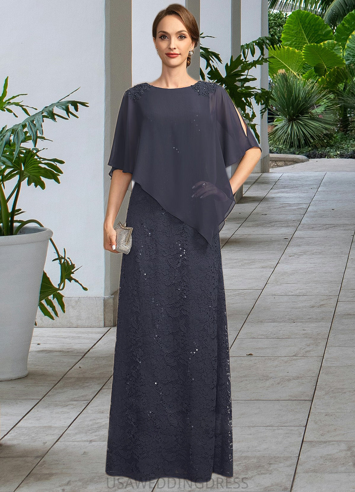 Brenda Sheath/Column Scoop Floor-Length Chiffon Lace Mother of the Bride Dress With Beading Sequins DS126P0021650