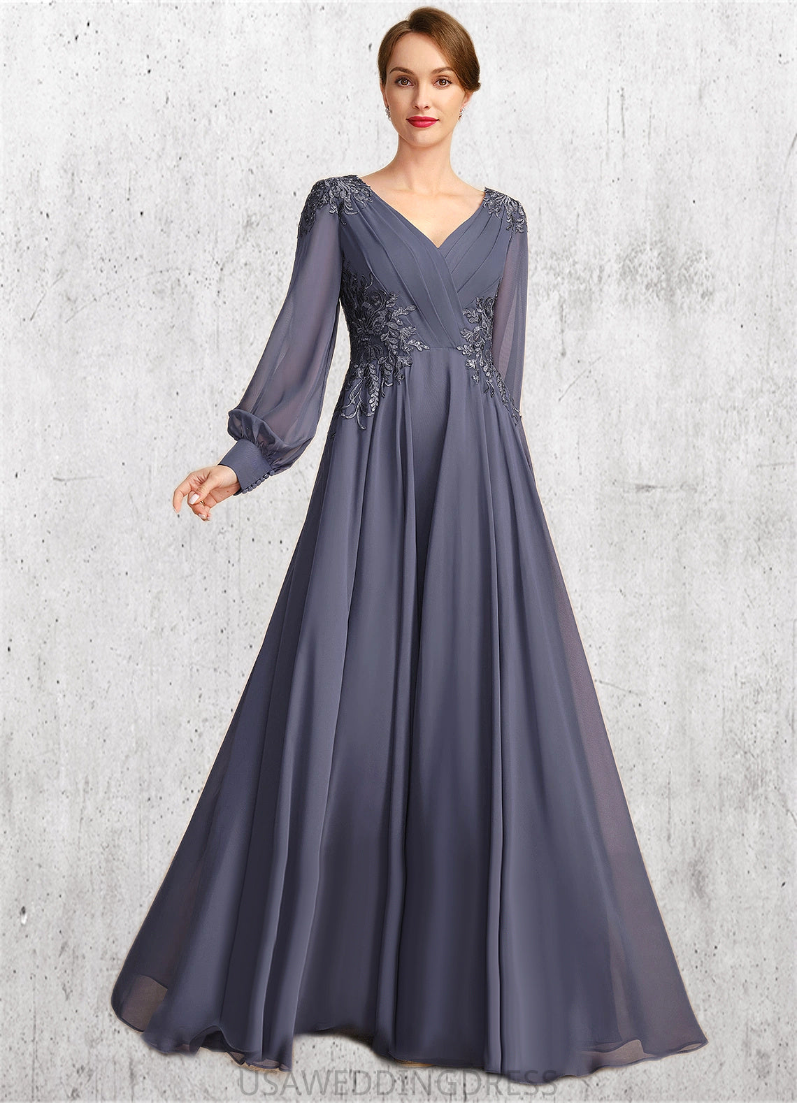 Julia A-line V-Neck Floor-Length Chiffon Mother of the Bride Dress With Pleated Appliques Lace Sequins DS126P0021652