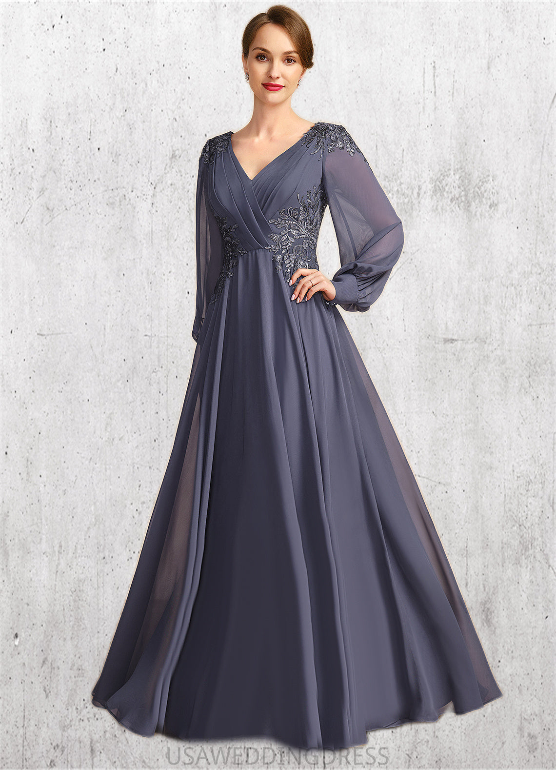 Julia A-line V-Neck Floor-Length Chiffon Mother of the Bride Dress With Pleated Appliques Lace Sequins DS126P0021652