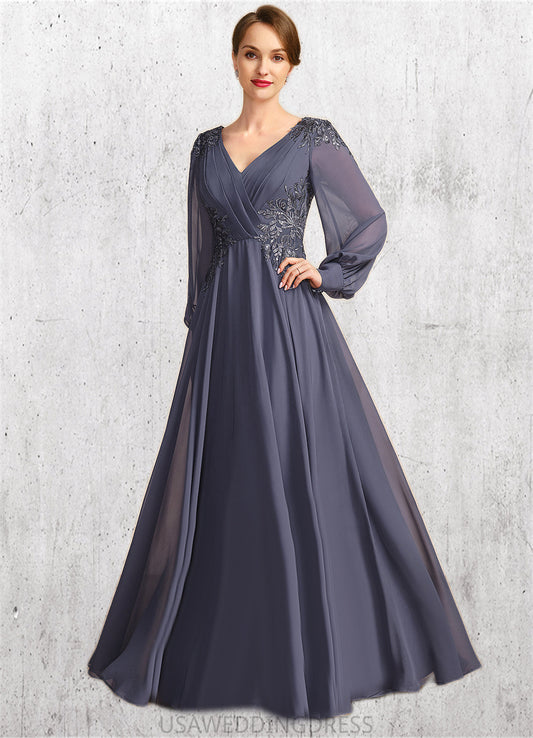 Julia A-line V-Neck Floor-Length Chiffon Mother of the Bride Dress With Pleated Appliques Lace Sequins DS126P0021652