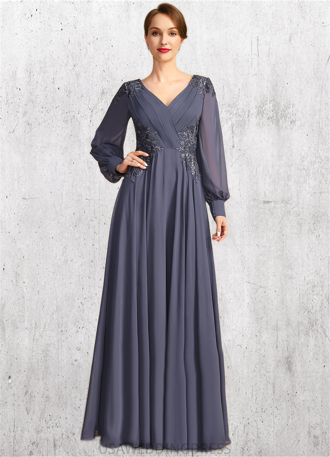 Julia A-line V-Neck Floor-Length Chiffon Mother of the Bride Dress With Pleated Appliques Lace Sequins DS126P0021652