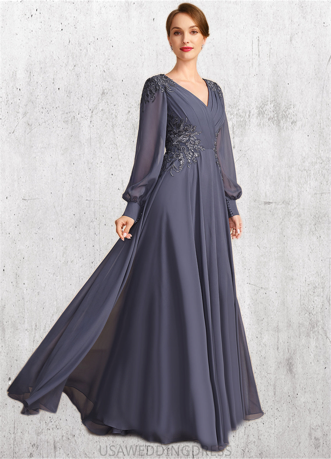 Julia A-line V-Neck Floor-Length Chiffon Mother of the Bride Dress With Pleated Appliques Lace Sequins DS126P0021652