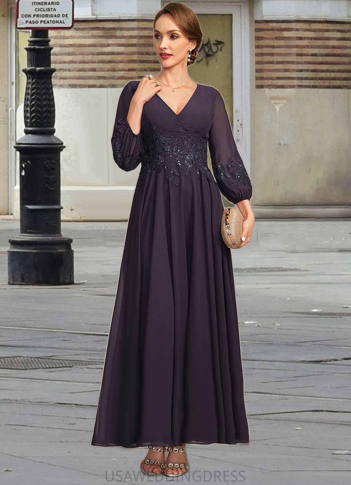 Selina A-line V-Neck Ankle-Length Chiffon Lace Mother of the Bride Dress With Sequins DS126P0021655
