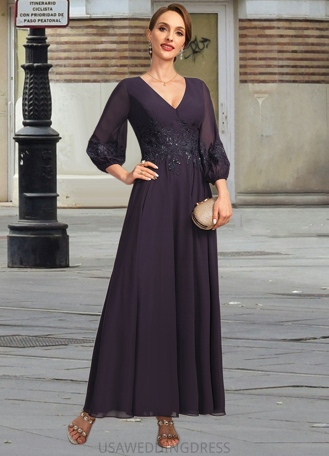 Selina A-line V-Neck Ankle-Length Chiffon Lace Mother of the Bride Dress With Sequins DS126P0021655