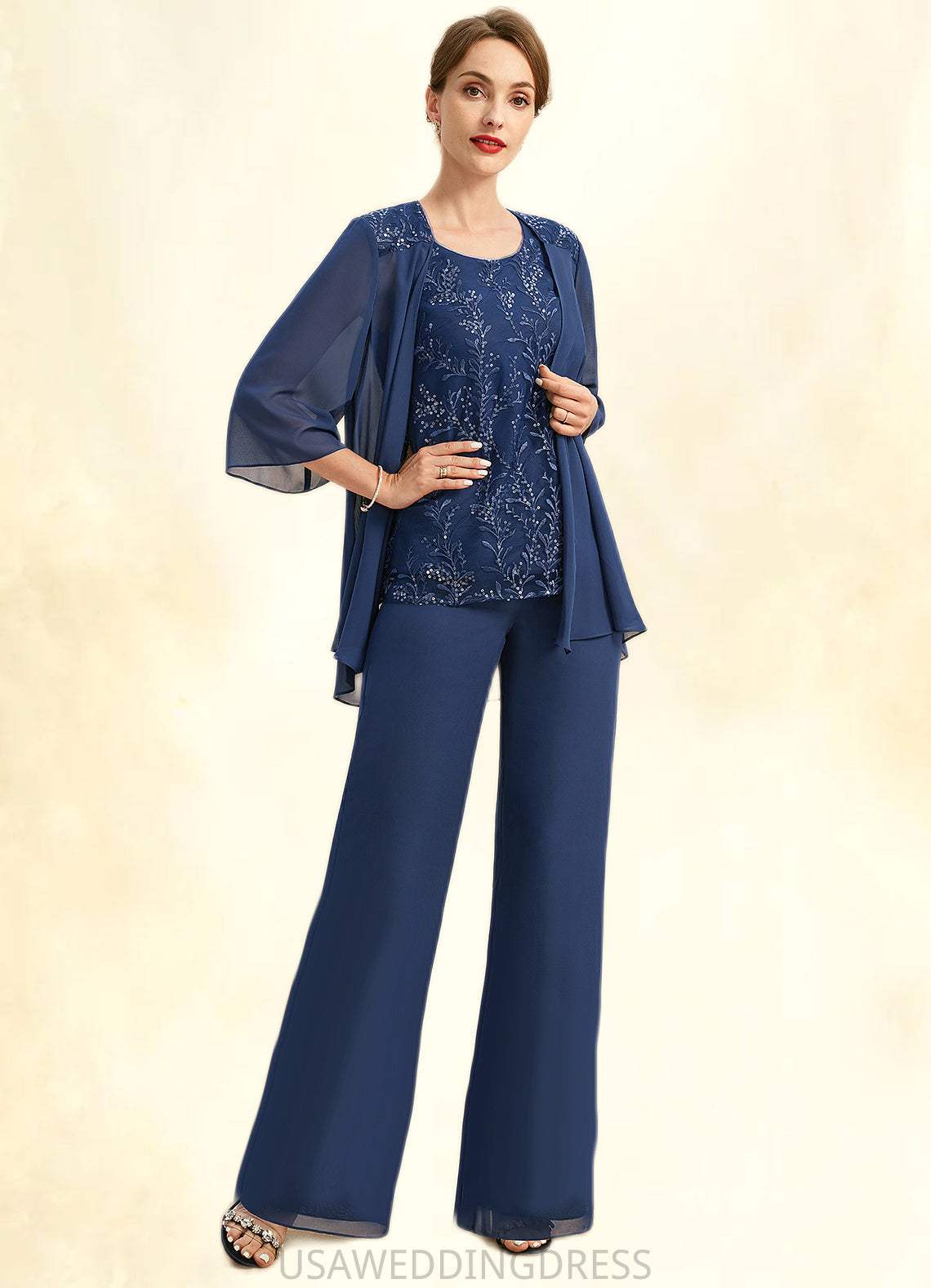 Marlene Jumpsuit/Pantsuit Separates Scoop Floor-Length Chiffon Lace Mother of the Bride Dress With Sequins DS126P0021657