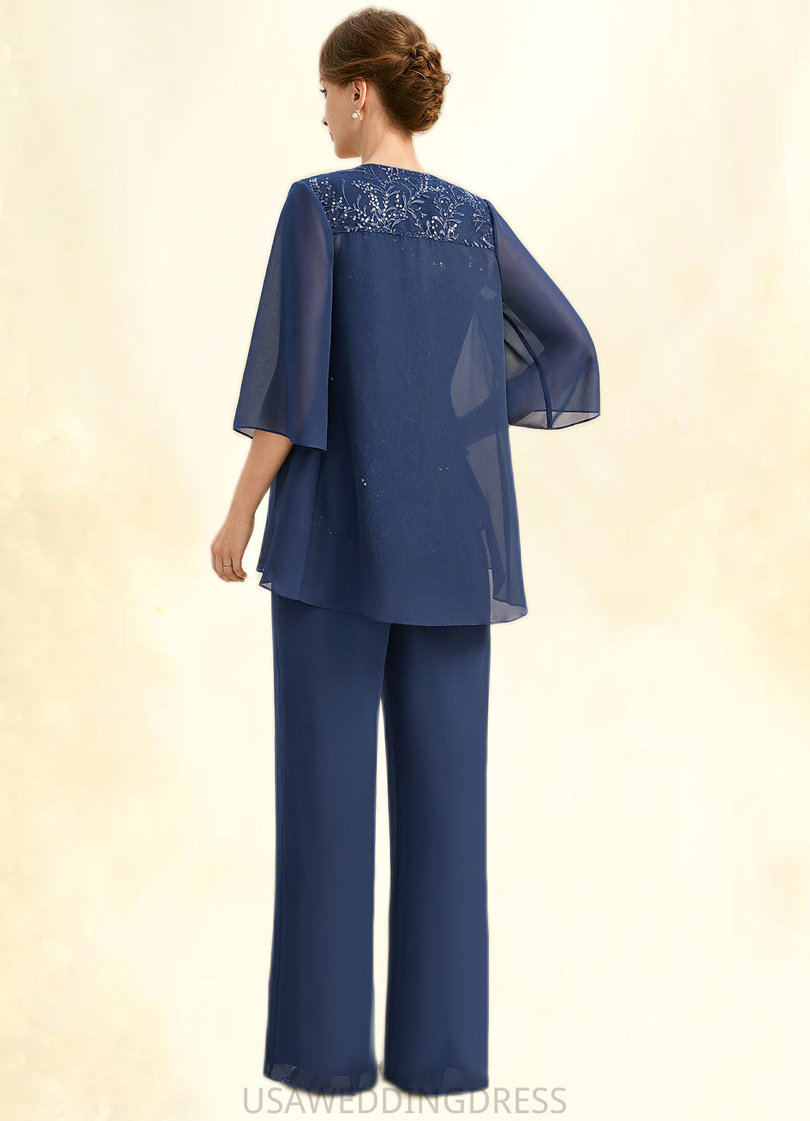 Marlene Jumpsuit/Pantsuit Separates Scoop Floor-Length Chiffon Lace Mother of the Bride Dress With Sequins DS126P0021657