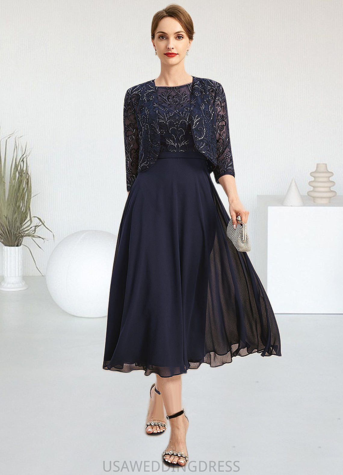 Genesis A-line Boat Neck Illusion Tea-Length Chiffon Lace Mother of the Bride Dress With Sequins DS126P0021658