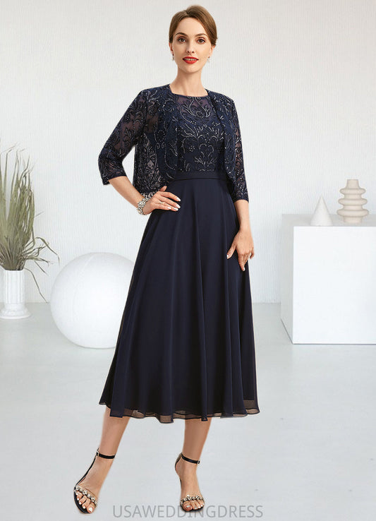 Genesis A-line Boat Neck Illusion Tea-Length Chiffon Lace Mother of the Bride Dress With Sequins DS126P0021658