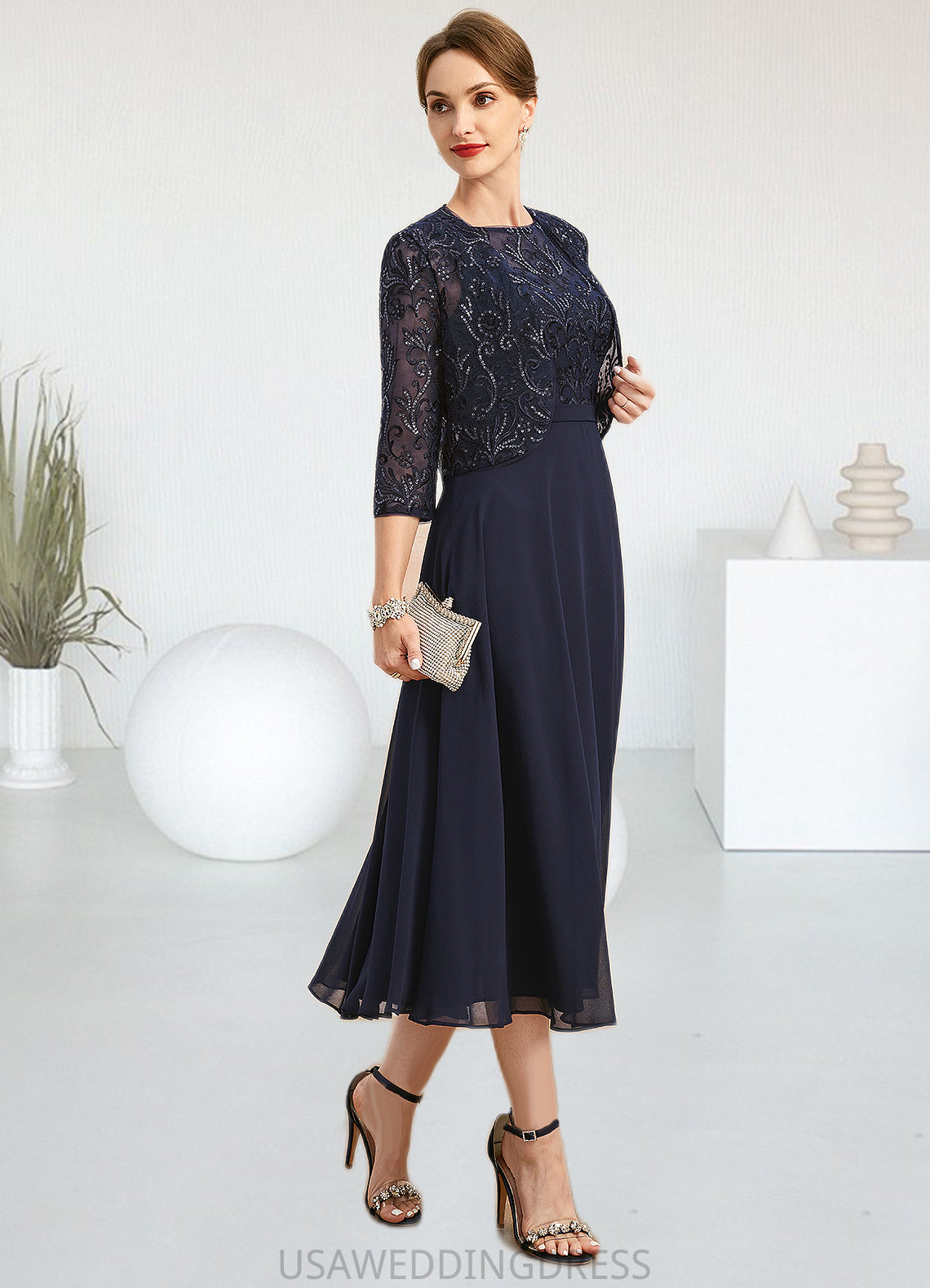 Genesis A-line Boat Neck Illusion Tea-Length Chiffon Lace Mother of the Bride Dress With Sequins DS126P0021658