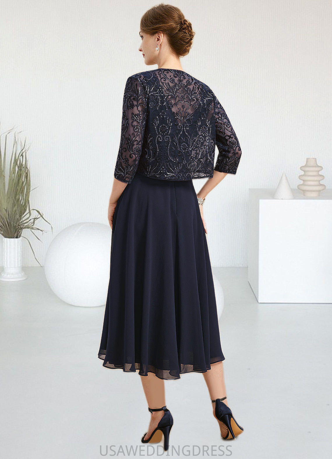 Genesis A-line Boat Neck Illusion Tea-Length Chiffon Lace Mother of the Bride Dress With Sequins DS126P0021658