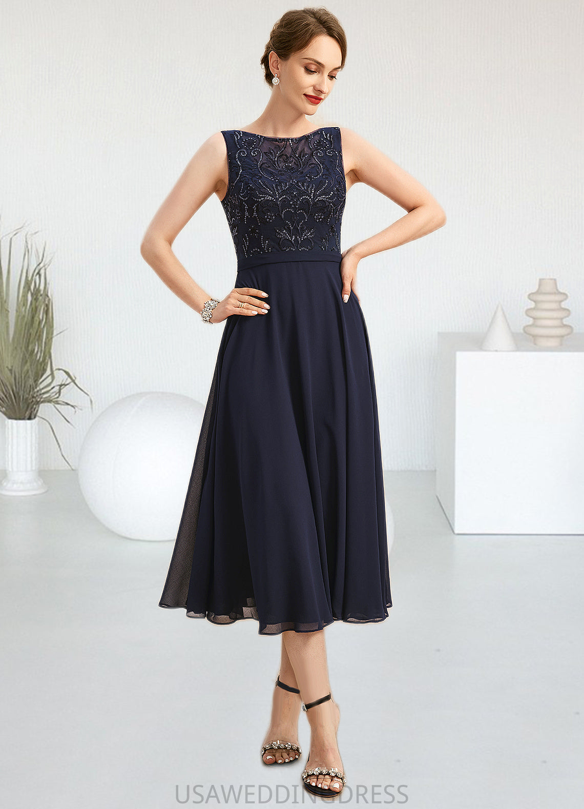 Genesis A-line Boat Neck Illusion Tea-Length Chiffon Lace Mother of the Bride Dress With Sequins DS126P0021658