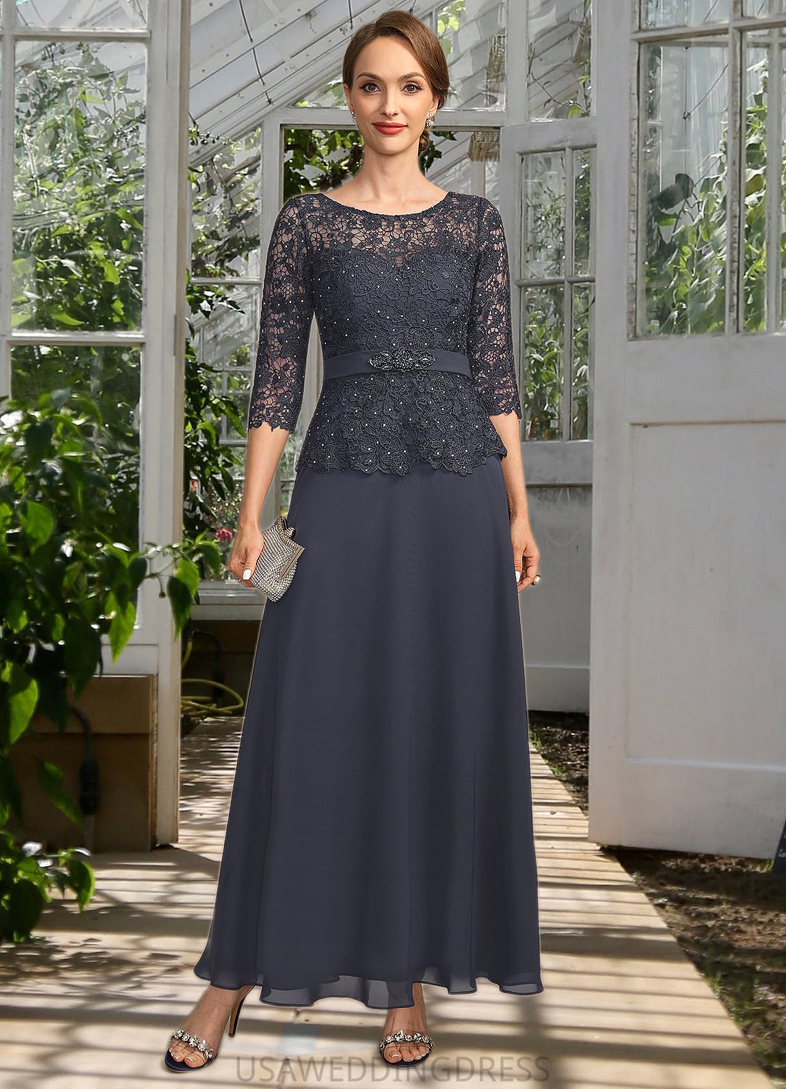 Amari A-line Scoop Illusion Ankle-Length Chiffon Lace Mother of the Bride Dress With Beading Rhinestone DS126P0021659