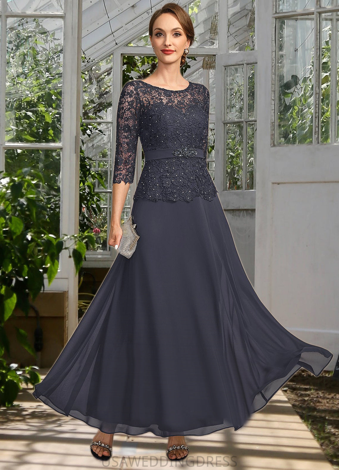 Amari A-line Scoop Illusion Ankle-Length Chiffon Lace Mother of the Bride Dress With Beading Rhinestone DS126P0021659