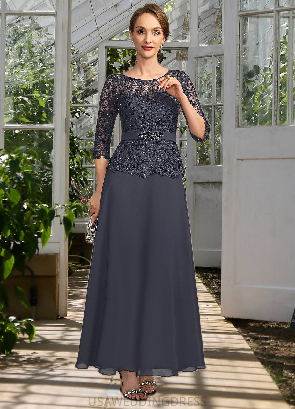 Amari A-line Scoop Illusion Ankle-Length Chiffon Lace Mother of the Bride Dress With Beading Rhinestone DS126P0021659