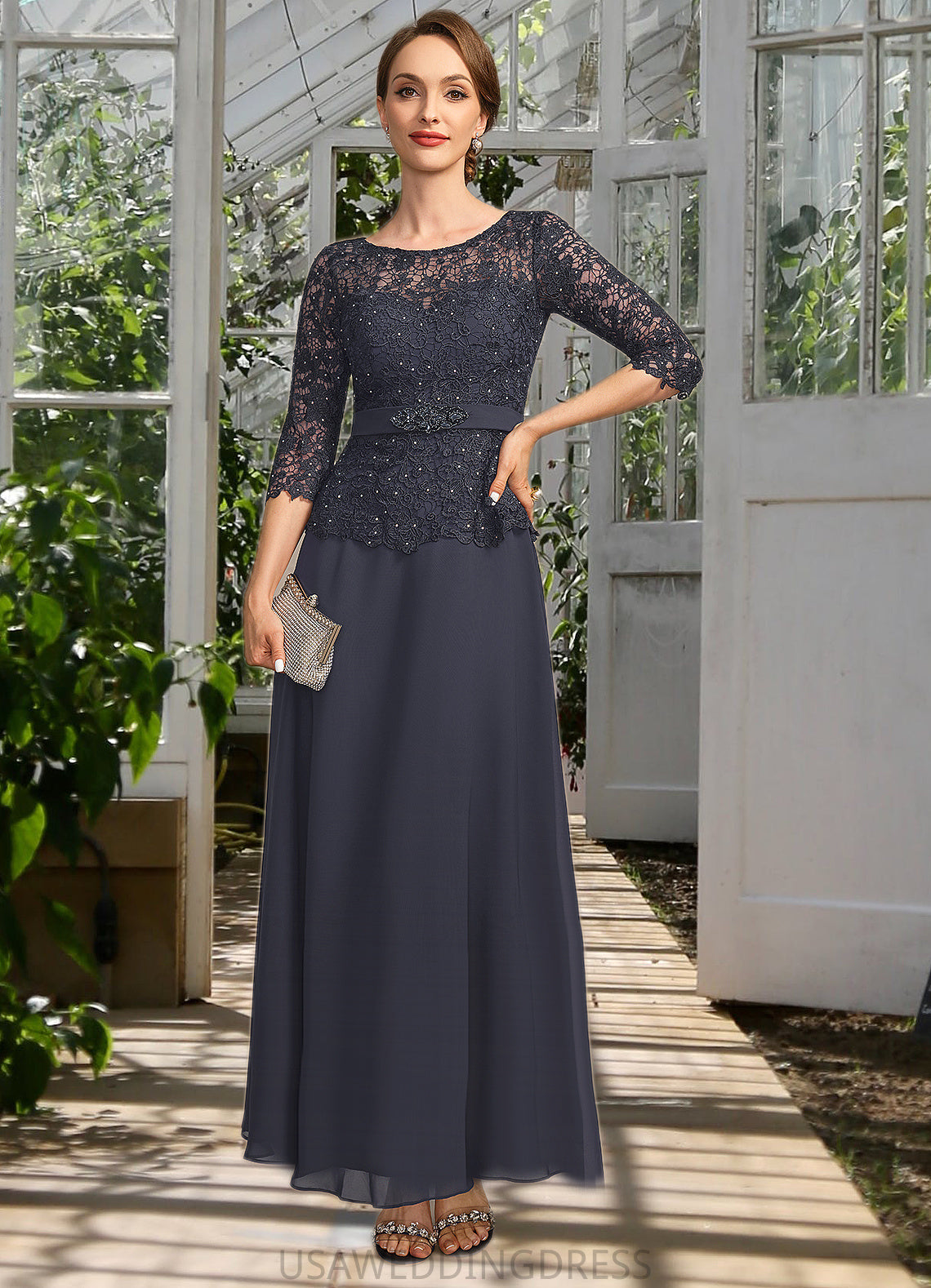 Amari A-line Scoop Illusion Ankle-Length Chiffon Lace Mother of the Bride Dress With Beading Rhinestone DS126P0021659