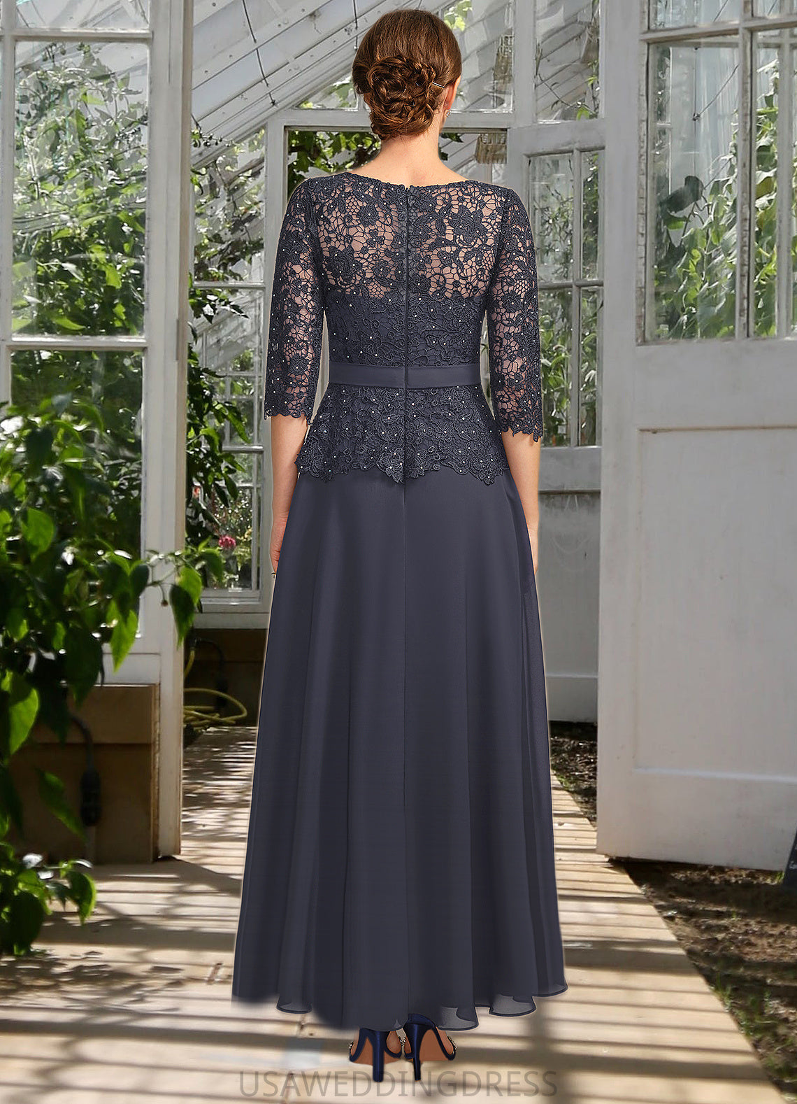 Amari A-line Scoop Illusion Ankle-Length Chiffon Lace Mother of the Bride Dress With Beading Rhinestone DS126P0021659