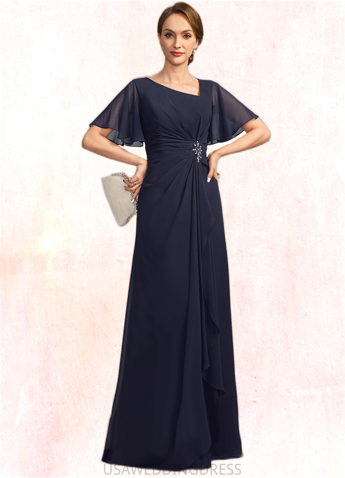 Ina A-line Asymmetrical Floor-Length Chiffon Mother of the Bride Dress With Beading Pleated Sequins DS126P0021660