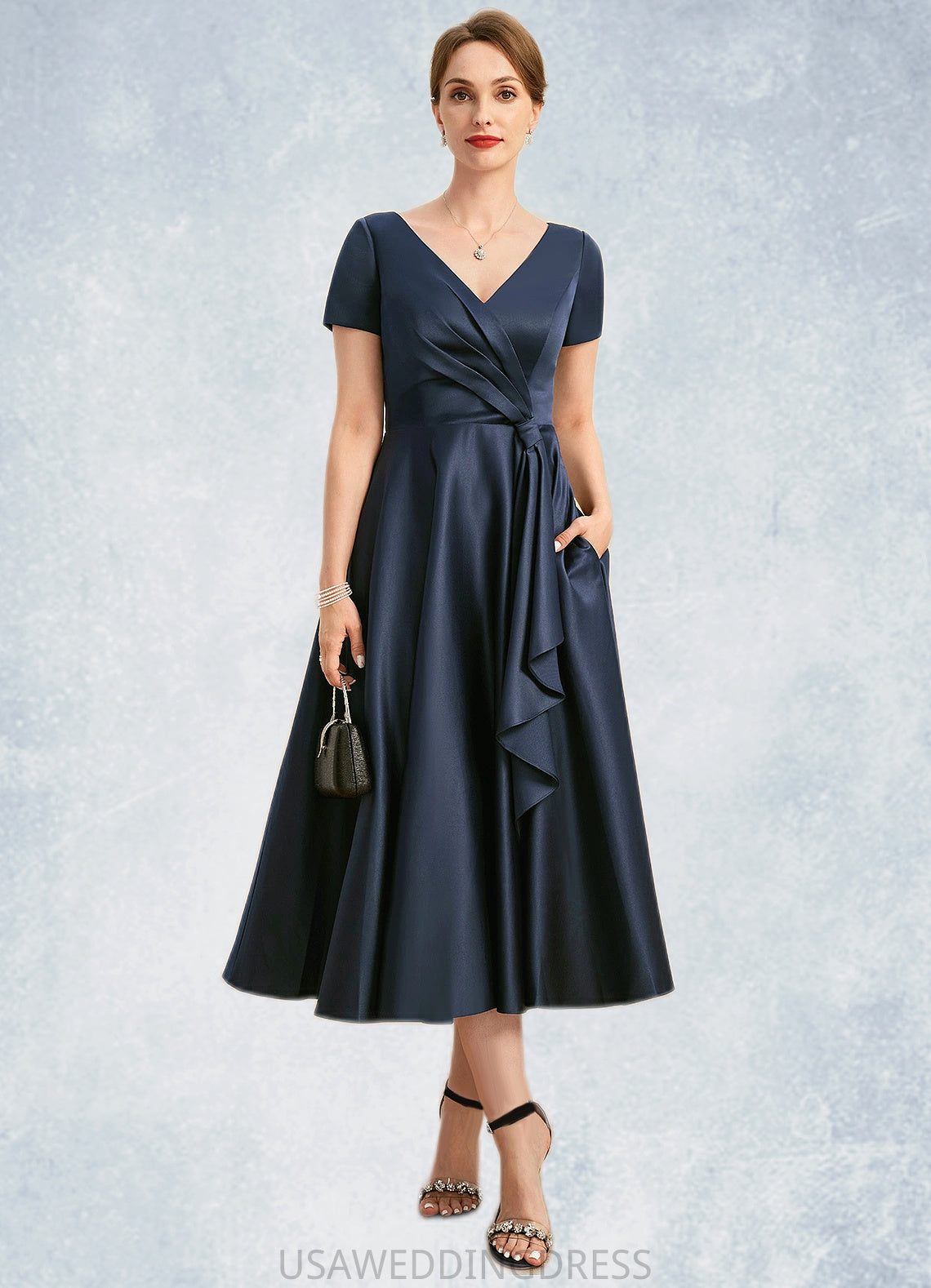 Jade A-line V-Neck Tea-Length Satin Mother of the Bride Dress With Cascading Ruffles DS126P0021661