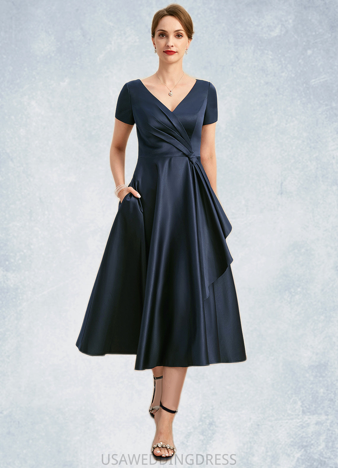 Jade A-line V-Neck Tea-Length Satin Mother of the Bride Dress With Cascading Ruffles DS126P0021661