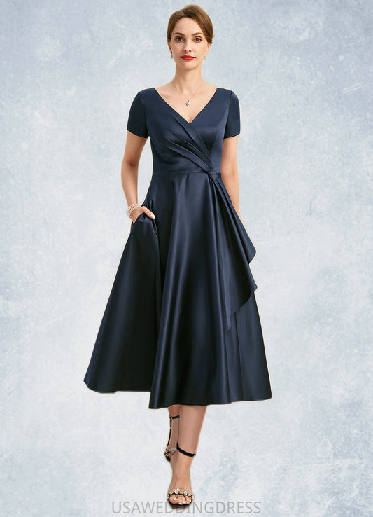 Jade A-line V-Neck Tea-Length Satin Mother of the Bride Dress With Cascading Ruffles DS126P0021661