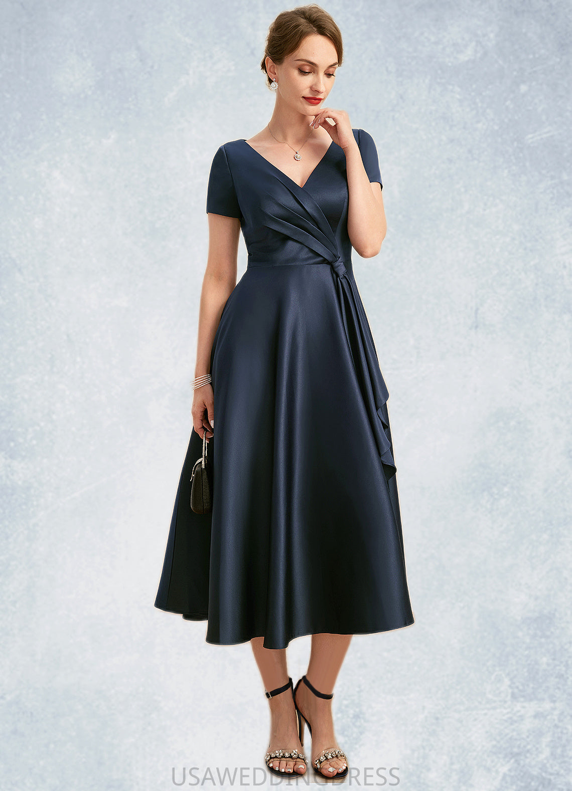 Jade A-line V-Neck Tea-Length Satin Mother of the Bride Dress With Cascading Ruffles DS126P0021661