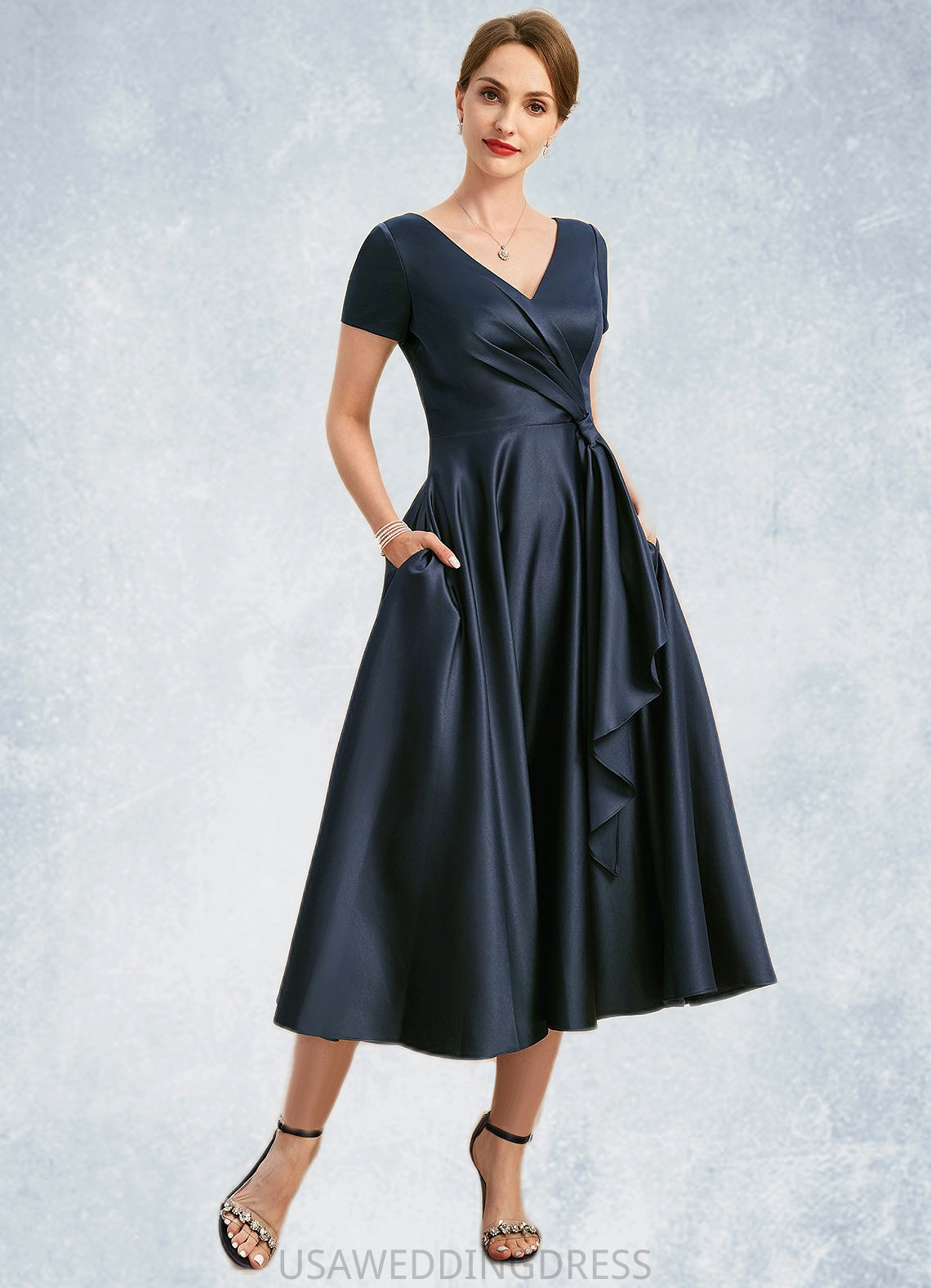 Jade A-line V-Neck Tea-Length Satin Mother of the Bride Dress With Cascading Ruffles DS126P0021661