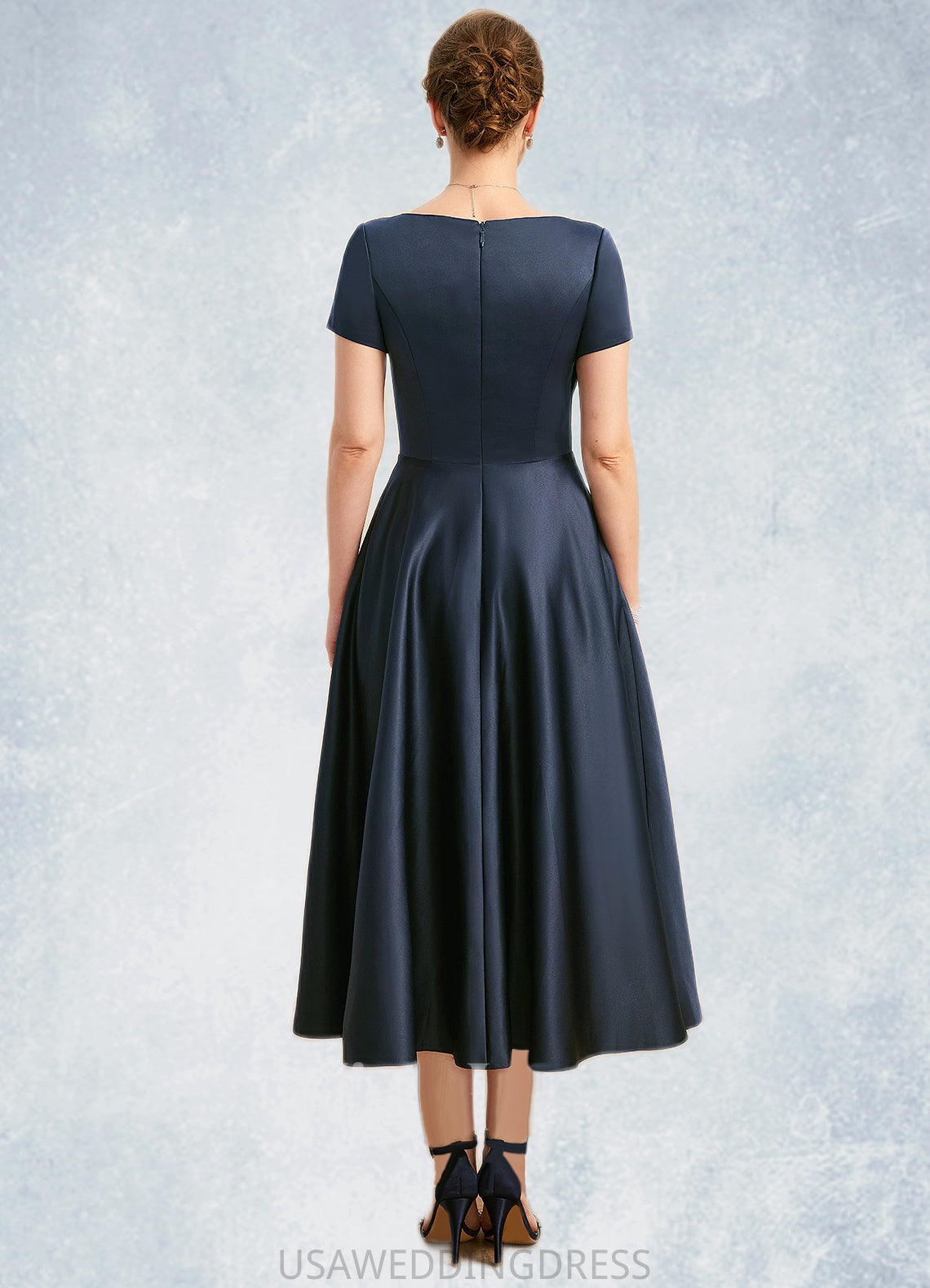 Jade A-line V-Neck Tea-Length Satin Mother of the Bride Dress With Cascading Ruffles DS126P0021661