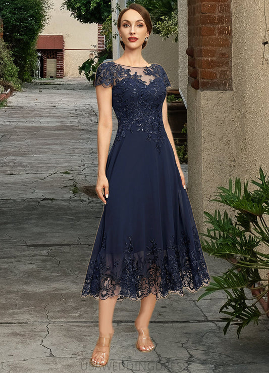 Kimora A-line Scoop Illusion Tea-Length Chiffon Lace Mother of the Bride Dress With Sequins DS126P0021664