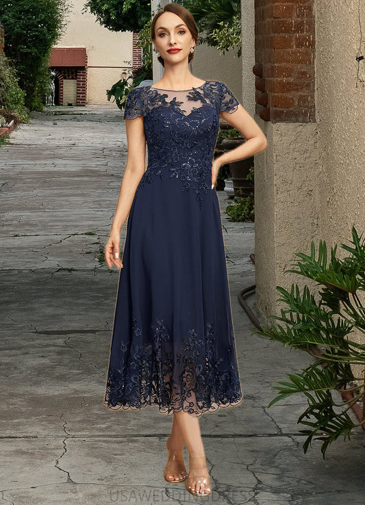 Kimora A-line Scoop Illusion Tea-Length Chiffon Lace Mother of the Bride Dress With Sequins DS126P0021664