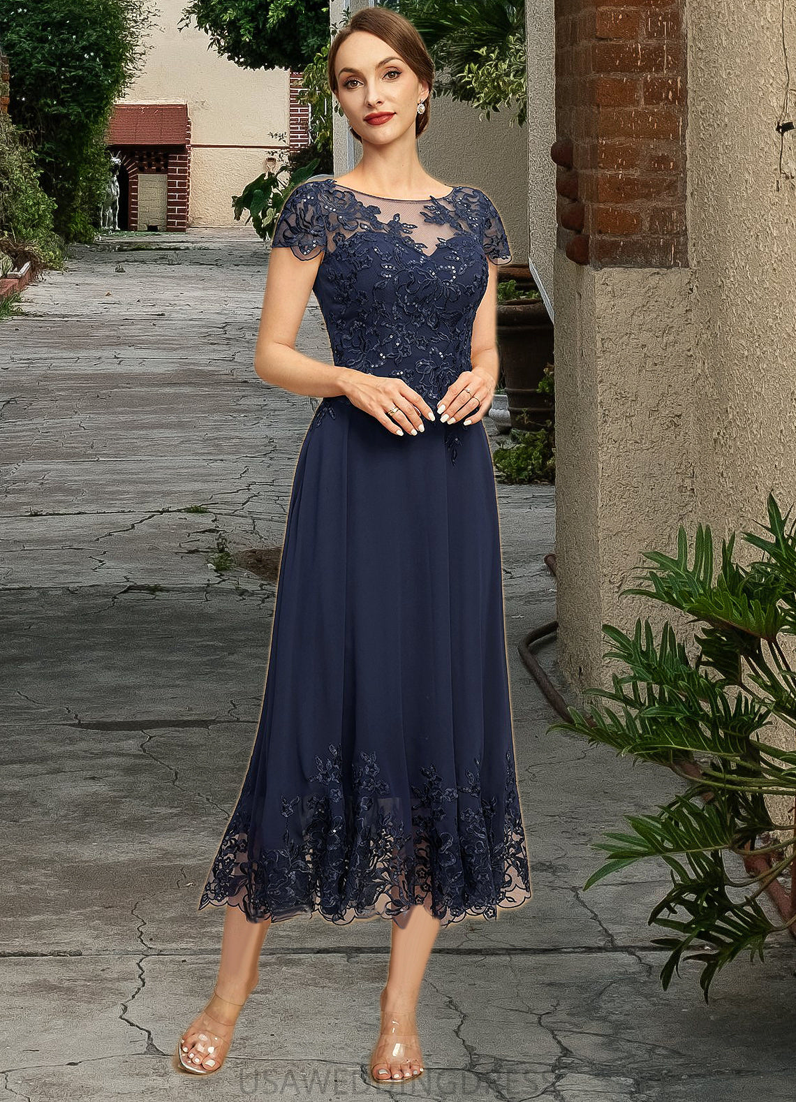 Kimora A-line Scoop Illusion Tea-Length Chiffon Lace Mother of the Bride Dress With Sequins DS126P0021664