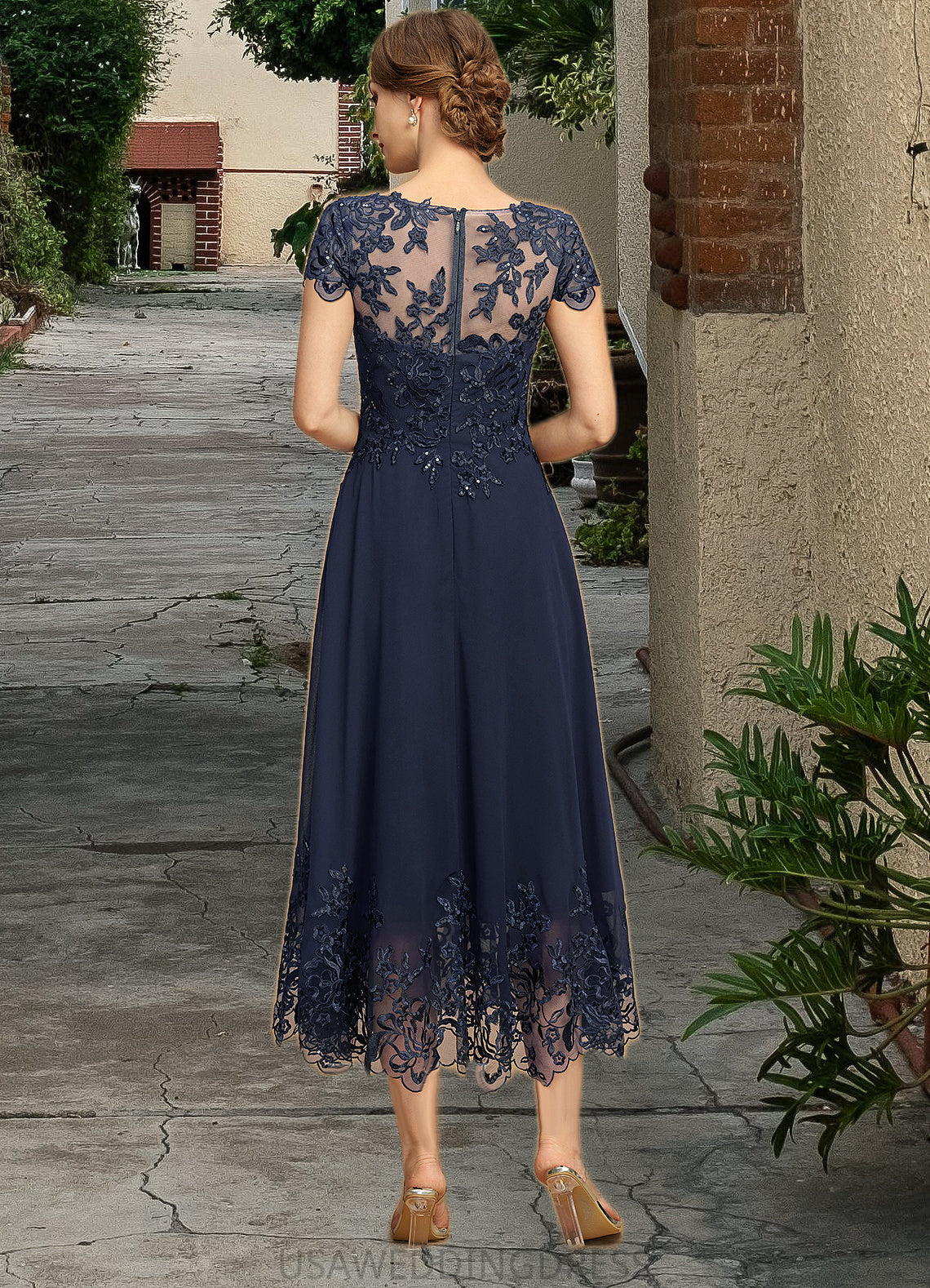 Kimora A-line Scoop Illusion Tea-Length Chiffon Lace Mother of the Bride Dress With Sequins DS126P0021664