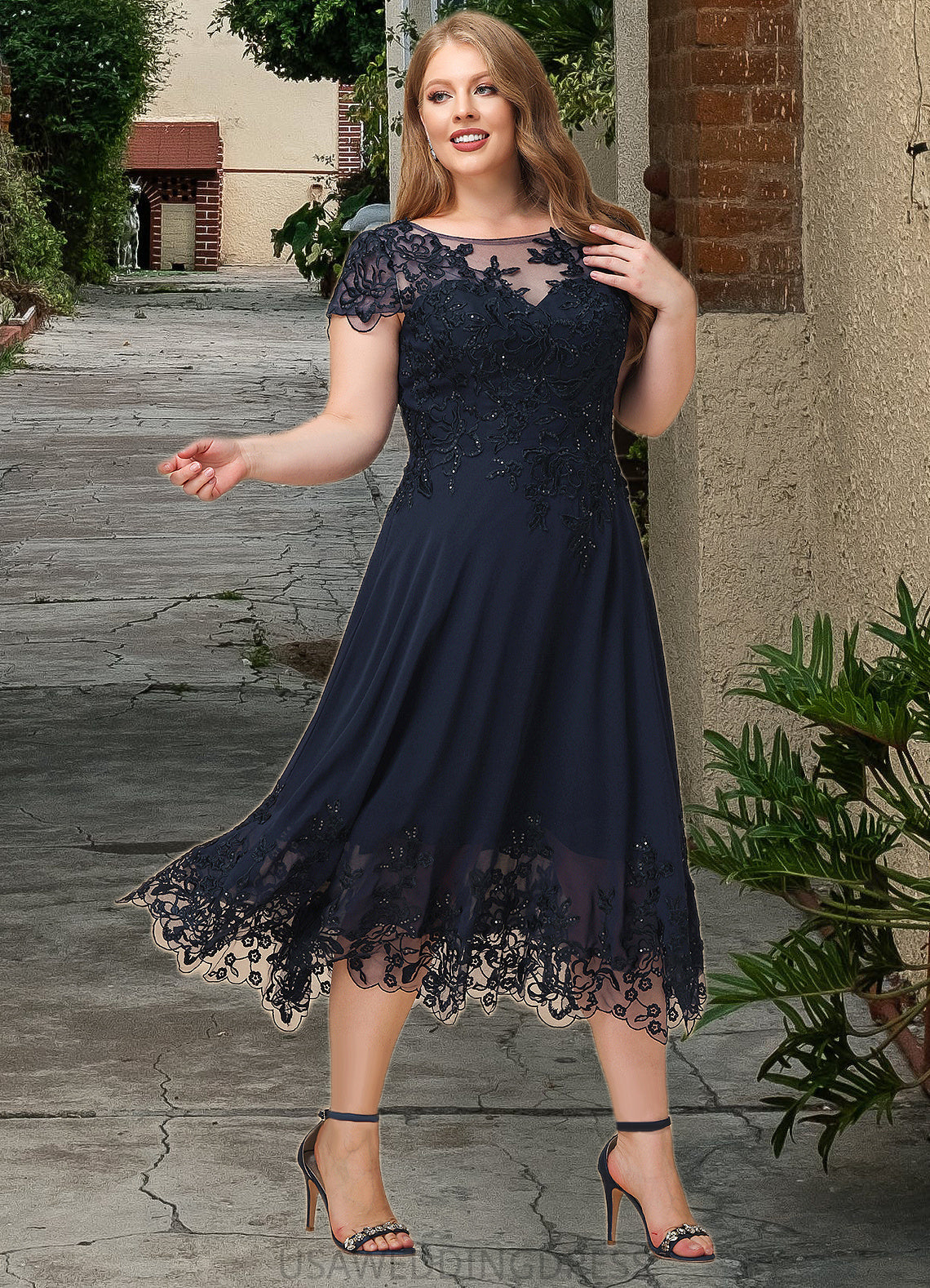 Kimora A-line Scoop Illusion Tea-Length Chiffon Lace Mother of the Bride Dress With Sequins DS126P0021664