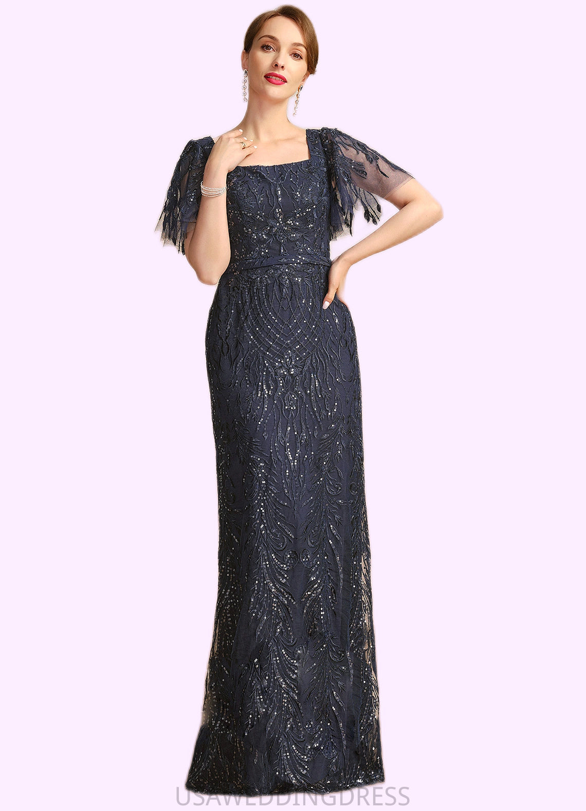 Sam Sheath/Column Square Floor-Length Lace Mother of the Bride Dress With Sequins DS126P0021665