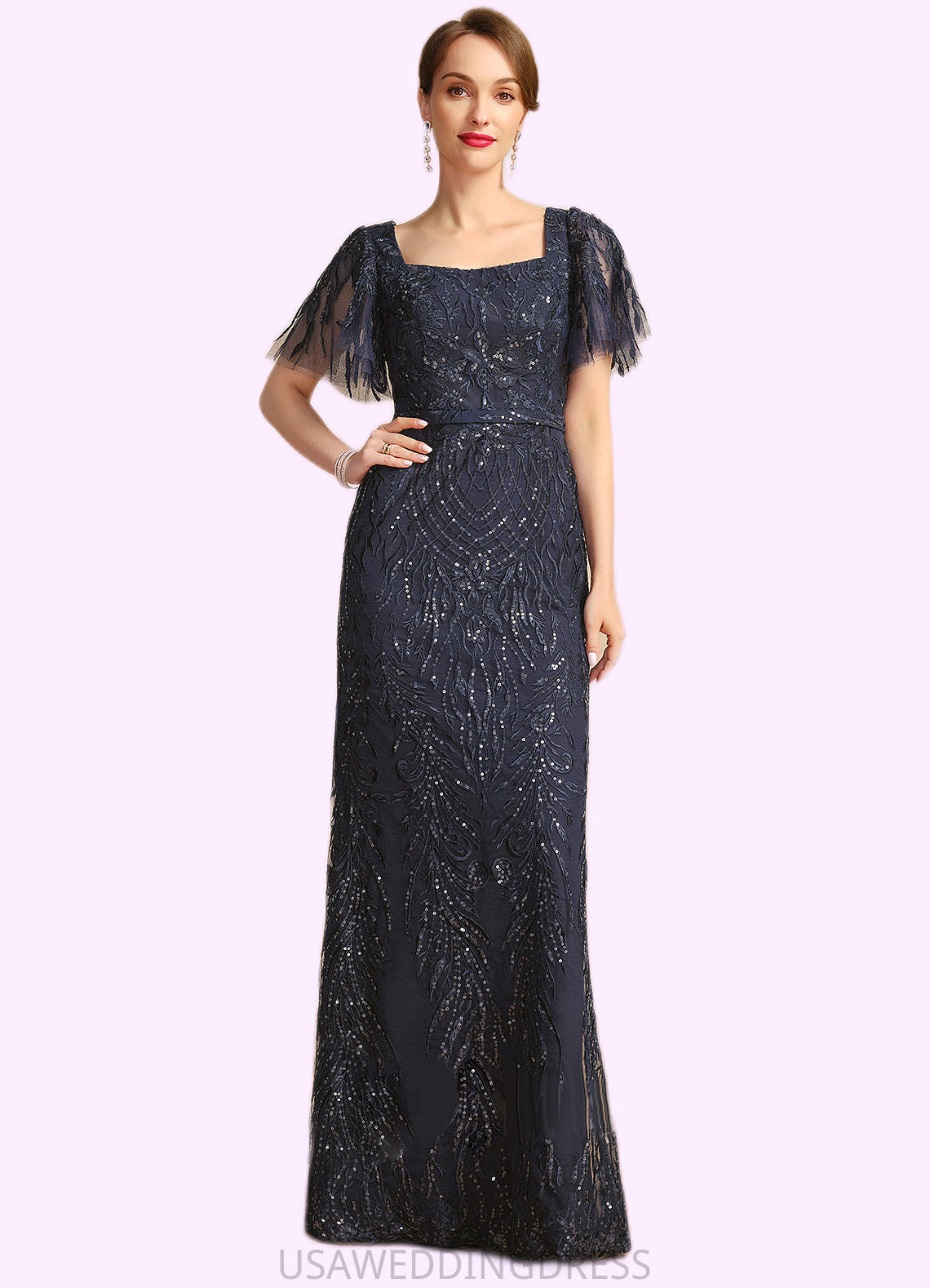 Sam Sheath/Column Square Floor-Length Lace Mother of the Bride Dress With Sequins DS126P0021665