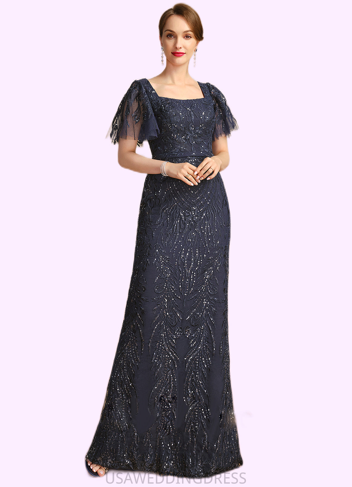 Sam Sheath/Column Square Floor-Length Lace Mother of the Bride Dress With Sequins DS126P0021665