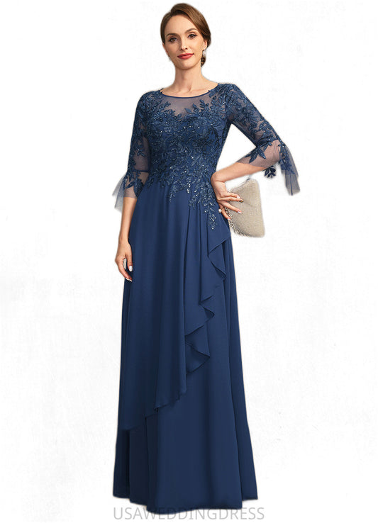 Savannah A-line Scoop Illusion Floor-Length Chiffon Lace Mother of the Bride Dress With Cascading Ruffles Sequins DS126P0021671