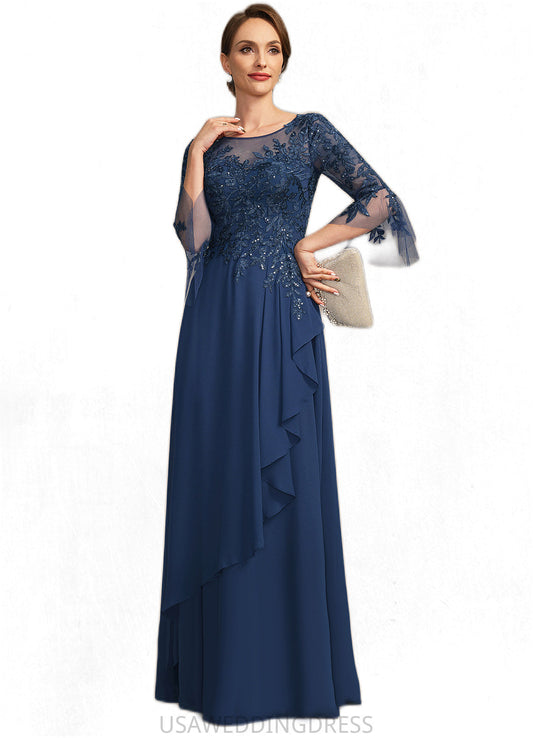 Savannah A-line Scoop Illusion Floor-Length Chiffon Lace Mother of the Bride Dress With Cascading Ruffles Sequins DS126P0021671